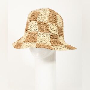 Straw Braided Checkered Bucket Hat|Beige